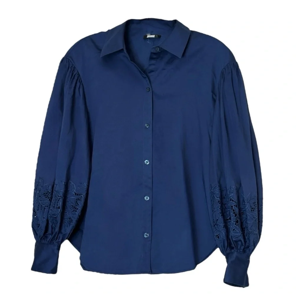 Kate Spade Navy Puff Sleeve Embroidered Eyelet Button Down Blouse Size 6